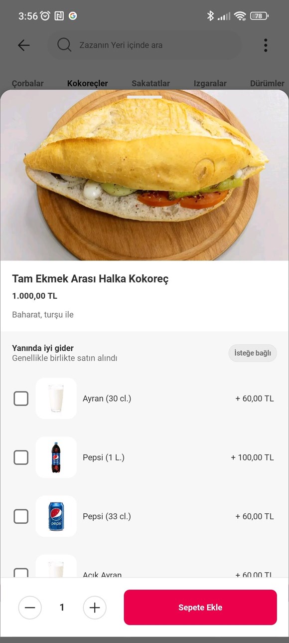 tam ekmek arası halka kokoreçin 1.000 tl olması